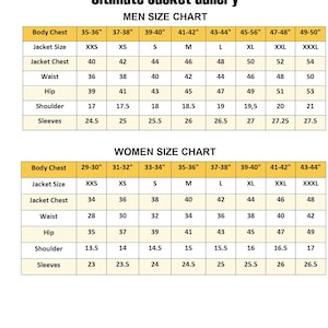 May include: A jacket size chart with measurements in inches. The chart is split into Men's and Women's sections, detailing body chest, jacket size, jacket chest, waist, hip, shoulder, and sleeve measurements.