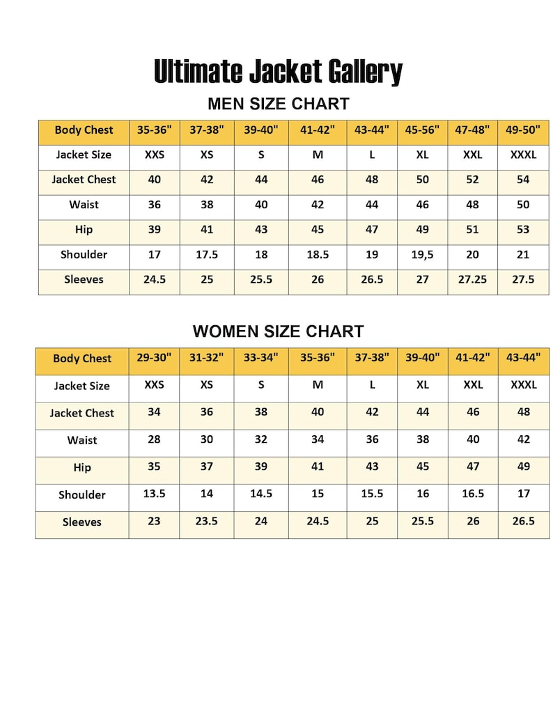 May include: A jacket size chart with measurements in inches. The chart is split into Men's and Women's sections, detailing body chest, jacket size, jacket chest, waist, hip, shoulder, and sleeve measurements.
