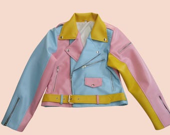 Chaqueta biker corta arcoíris para mujer hecha a mano
