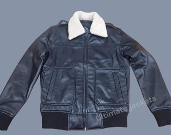 Chaqueta bomber de piel de oveja: cuello de piel desmontable, estilo piloto vintage