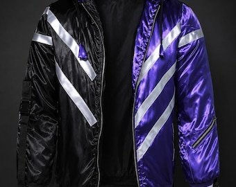 Chaqueta bomber reflectante morada / Inspirada en Reina Mishima / Sudadera unisex con capucha / Conjunto Tekken morado y negro