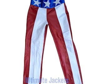 Cosplay de Macho USA / Pantalones de lucha de cuero hechos a mano / Traje patriótico rojo, blanco y azul