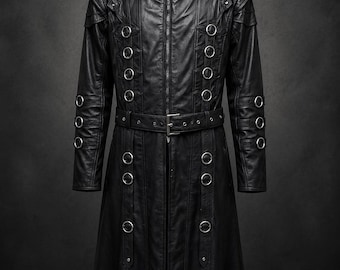 Gabardina de cuero negra con capucha para hombre / Abrigo largo gótico / Disfraz de asesino medieval para cosplay / Conjunto steampunk con capucha