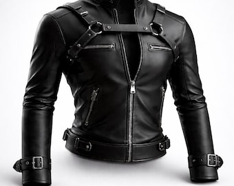 Chaqueta de cuero negro estilo motero con correas de arnés, corte ajustado, estilo gótico urbano, chaqueta unisex.