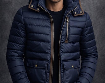 Chaqueta acolchada azul marino con capucha para hombre, chaqueta acolchada de invierno, abrigo ligero y cálido.