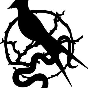 May include: A black silhouette of a bird perched on a branch, encircled by a thorny wreath and a snake. The bird has a long beak and is facing upwards. The snake is coiled beneath the bird and branch.