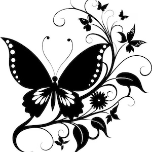 Peut inclure: Motif de papillon noir et blanc avec des éléments floraux. L'image présente un grand papillon aux motifs d'ailes détaillés, entouré de feuilles stylisées, de fleurs et de plus petits papillons. Convient à diverses applications décoratives.