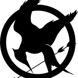 May include: A black silhouette of a bird in flight, encircled by a ring, with an arrow piercing through. The bird is stylized, with outstretched wings and a long beak. The arrow is positioned diagonally, adding a dynamic element to the design.