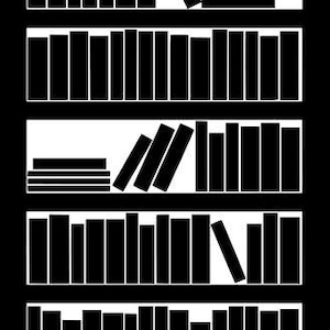 May include: A black and white illustration of a bookshelf filled with books. The books are arranged on multiple shelves, with some books standing upright and others lying flat. The bookshelf has a simple, minimalist design.