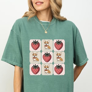 Corgi Strawberry T-Shirt - Cute Fruit Dog Summer Tee - Kawaii Puppy Lover Shirt - Pastel Cartoon Pet Gift - Grid Style Trendy Dog Mom Top