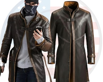Aiden Pearce Watch Dogs Leather Trench Coat Mens Cosplay Jacket