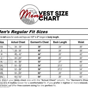 May include: A white chart with black text titled "Men's Vest Size Chart." It includes a table with sizes XS to 5XL, listing actual chest, garment's chest, back length, and waist measurements in inches. The chart also has a logo of an eagle.
