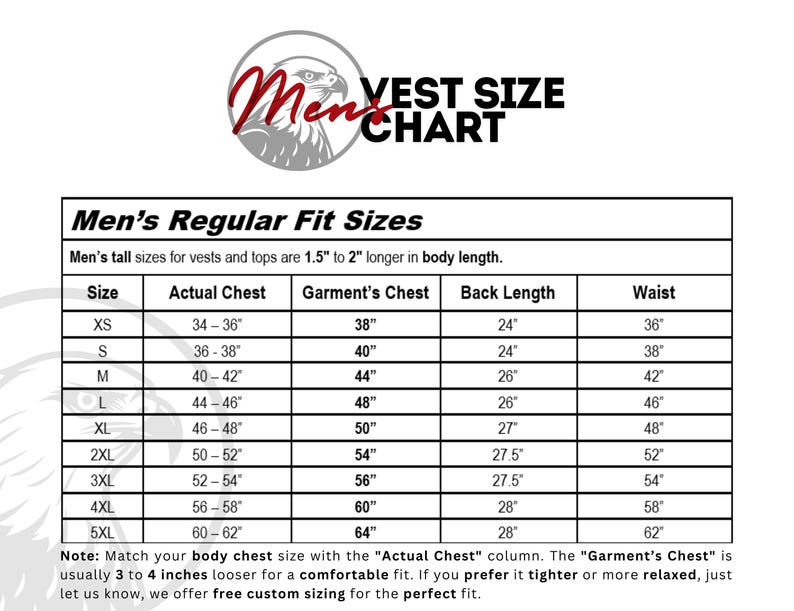 May include: A white chart with black text titled "Men's Vest Size Chart." It includes a table with sizes XS to 5XL, listing actual chest, garment's chest, back length, and waist measurements in inches. The chart also has a logo of an eagle.