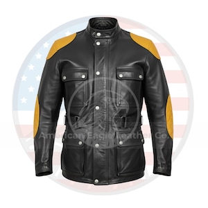 May include: Black leather jacket with yellow shoulder and elbow patches. The jacket features a stand-up collar, multiple pockets, and a button-down front. A classic style.