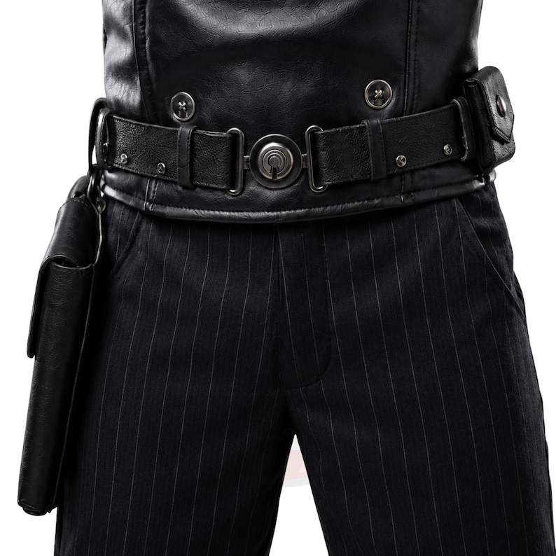 May include: A black faux leather waistcoat with silver buttons worn over black pinstriped trousers. A black utility belt with a central circular buckle, metal hardware, and a side pouch is fastened around the waist, with a holster attached to the right side.