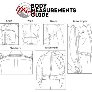 May include: A black and white instructional chart titled Body Measurements Guide featuring an eagle icon. It displays six line-art diagrams showing how to measure chest, waist, biceps, sleeve length, shoulders, and back length on a shirt.