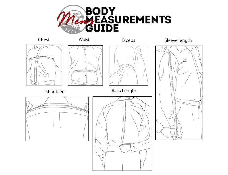 May include: A black and white instructional chart titled Body Measurements Guide featuring an eagle icon. It displays six line-art diagrams showing how to measure chest, waist, biceps, sleeve length, shoulders, and back length on a shirt.