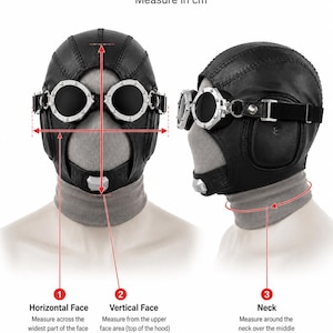 May include: A black leather-style aviator hood with attached silver-rimmed dark goggles and a chin piece. The image includes a Measurement Guide with text indicating how to measure the horizontal face, vertical face, and neck in centimeters.