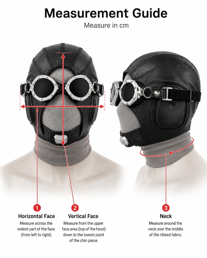 May include: A black leather-style aviator hood with attached silver-rimmed dark goggles and a chin piece. The image includes a Measurement Guide with text indicating how to measure the horizontal face, vertical face, and neck in centimeters.