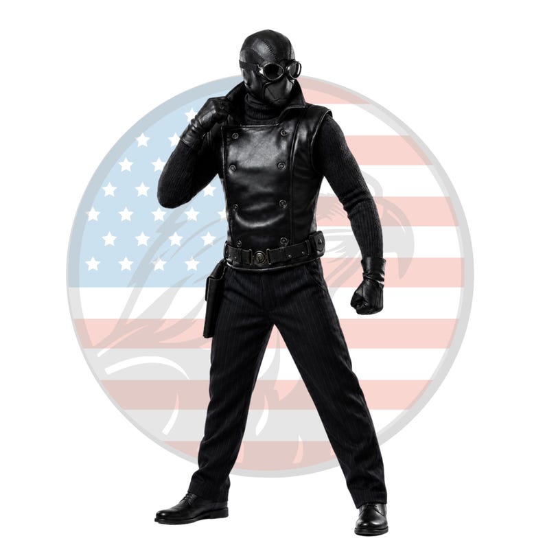 May include: A full-body action figure dressed in a black ensemble featuring a double-breasted waistcoat, textured long-sleeve shirt, pinstriped trousers, leather gloves, and boots. The figure wears a black mask with goggles and a utility belt.