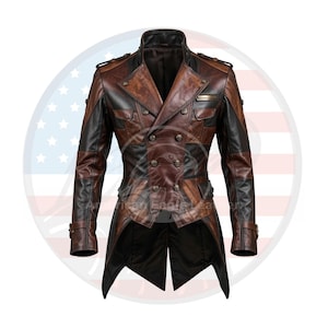 Men's Steampunk Gothic Long Tail Leather Jacket, Victorian Military Trench Coat