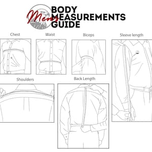 May include: A black and white instructional chart titled Body Measurements Guide featuring an eagle icon. It displays six line-art diagrams showing how to measure chest, waist, biceps, sleeve length, shoulders, and back length on a shirt.