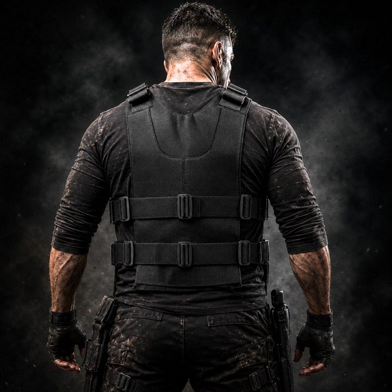 May include: A black tactical vest with multiple adjustable straps is worn over a long-sleeved black shirt. The person is seen from the back, with a rugged appearance, wearing black gloves and pants. The background is dark and smoky.