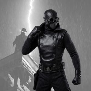 May include: A black leather-style waistcoat with double-breasted buttons worn over a black roll-neck jumper, paired with pinstriped trousers, black leather gloves, and a matching headpiece featuring integrated goggles over the eyes.