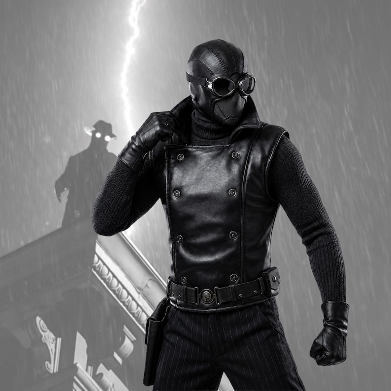 May include: A black leather-style waistcoat with double-breasted buttons worn over a black roll-neck jumper, paired with pinstriped trousers, black leather gloves, and a matching headpiece featuring integrated goggles over the eyes.