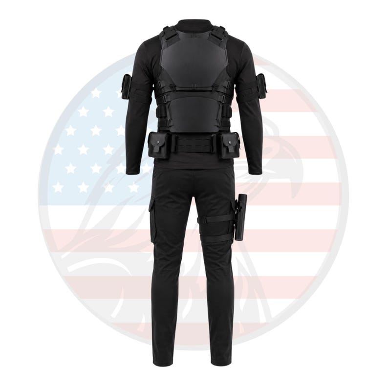 May include: A full black tactical outfit, including a long-sleeved shirt, pants, and a tactical vest with pouches. The outfit also features a holster and leg straps. The ensemble is designed for tactical or security purposes.