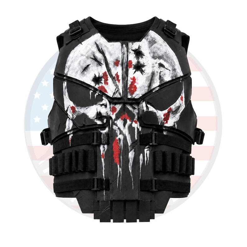 May include: Black tactical vest featuring a white skull design with red accents. The vest has multiple straps, pouches, and a front closure. The skull design is painted on the front of the vest.