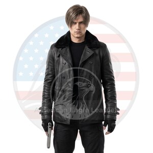 May include: A black leather jacket with a fur collar, double-breasted design, and ribbed sleeves. The jacket is worn with black gloves and trousers. A silver handgun is held in the right hand. The background features a stylized American flag.