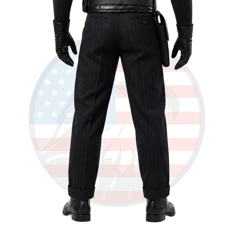 May include: Black pinstriped trousers with a cuffed hem, worn with a black belt, black leather gloves, and black boots. The trousers feature a slim fit, two back pockets, and a holster attached to the belt on the left side, viewed from the back.