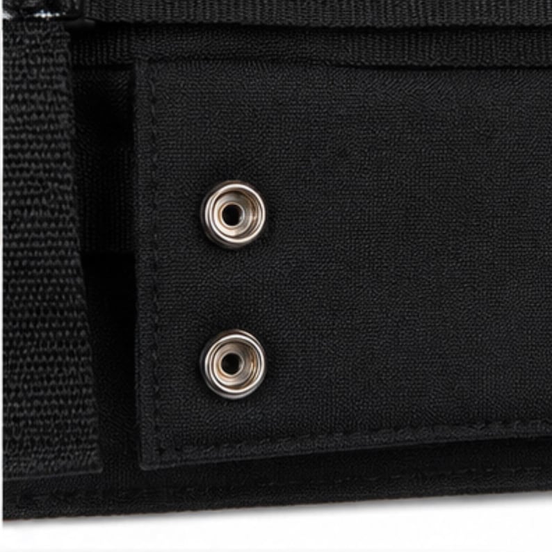 May include: Close-up of a black fabric item with two silver snap closures. The snaps are circular with a raised center and a surrounding ring. The fabric appears to be a durable material, possibly canvas or a similar textile.