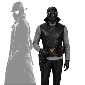 May include: A costume featuring a black leather-style double-breasted vest, a grey ribbed turtleneck sweater, and dark pinstriped trousers. The ensemble includes a black mask with circular goggles, black gloves, a belt with a gold buckle, and a holster.