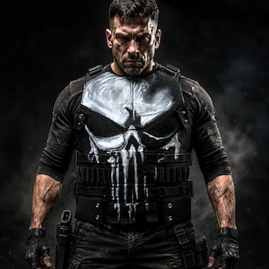 May include: A person wearing a black tactical vest with a white skull design. The vest is over a black long-sleeved shirt. The person is also wearing black gloves and pants. A gun is visible on the left side. The background is dark.