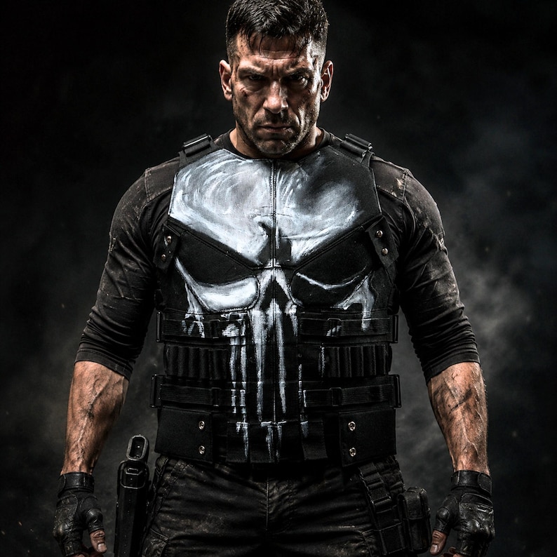 May include: A person wearing a black tactical vest with a white skull design. The vest is over a black long-sleeved shirt. The person is also wearing black gloves and pants. A gun is visible on the left side. The background is dark.