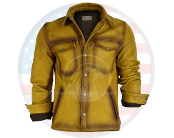 Mens Yellow Distressed Leather Shirt Vintage Style Button Down Leather Jacket