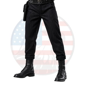 May include: Black pinstriped trousers with a cuffed hem, paired with a black leather belt featuring a circular buckle and a black leather holster attached to the side. The outfit is completed by a pair of black leather lace-up combat boots.