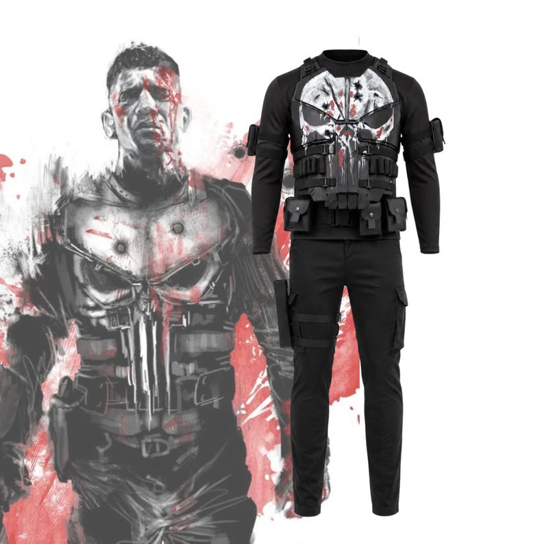 May include: Black tactical outfit featuring a skull design on the chest. The outfit includes a long-sleeved shirt, tactical vest, and black pants. The skull design is white with red accents, and the vest has multiple pockets and straps.