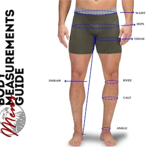 May include: An olive green pair of boxer briefs with a grey waistband, featuring a diagram labelled BODY MEASUREMENT GUIDE with blue dashed lines and arrows pointing to the waist, hips, thigh, inseam, knee, calf, and ankle measurement points.