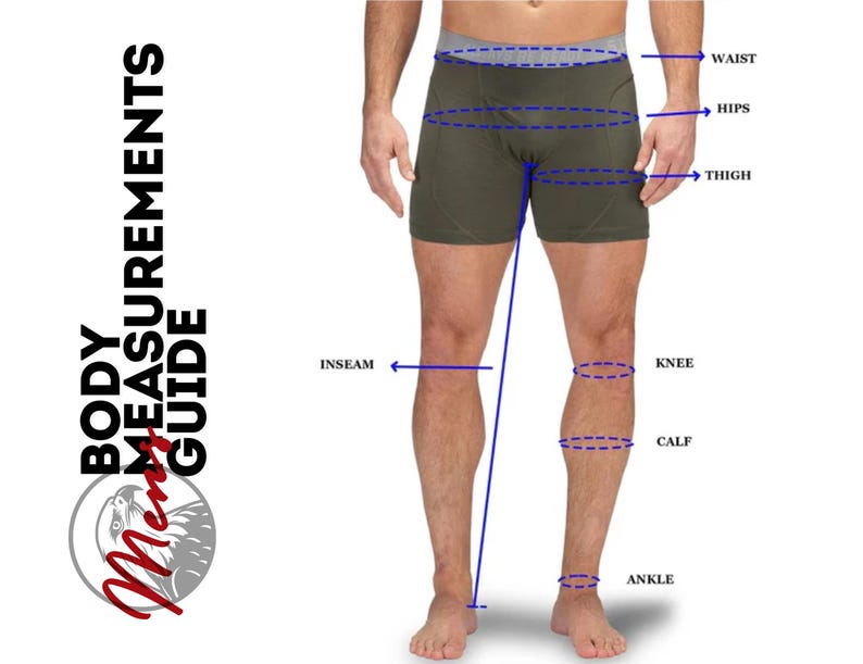 May include: An olive green pair of boxer briefs with a grey waistband, featuring a diagram labelled BODY MEASUREMENT GUIDE with blue dashed lines and arrows pointing to the waist, hips, thigh, inseam, knee, calf, and ankle measurement points.