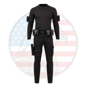 May include: Black tactical outfit consisting of a long-sleeved shirt, pants with cargo pockets, and a utility belt with pouches. The outfit includes armbands with pouches and a holster attached to the leg. The clothing is all black.