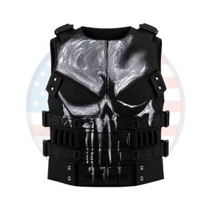 May include: Black tactical vest featuring a large white skull design on the front. The vest has adjustable straps, multiple pouches, and a high collar. The design is reminiscent of a comic book character.