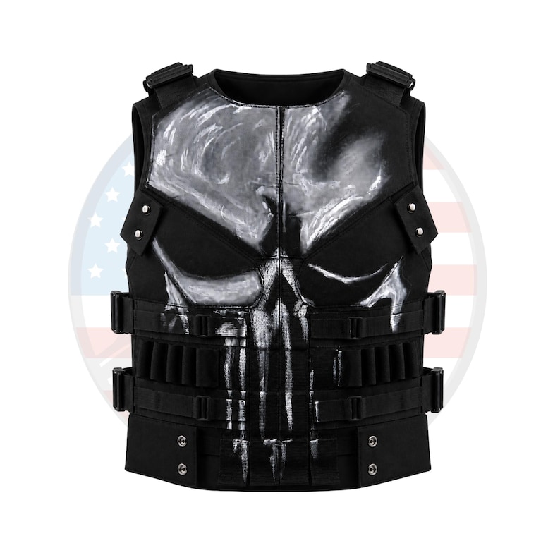 May include: Black tactical vest featuring a large white skull design on the front. The vest has adjustable straps, multiple pouches, and a high collar. The design is reminiscent of a comic book character.