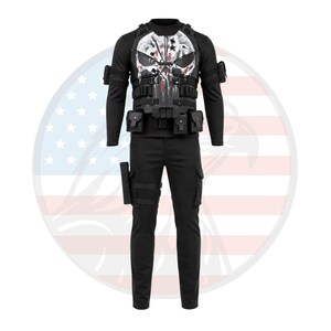 May include: Black tactical outfit featuring a long-sleeved shirt, cargo pants, and a tactical vest. The vest has a white skull graphic with red accents. The outfit includes multiple pouches and a holster. The background is a white circle with an American flag design.