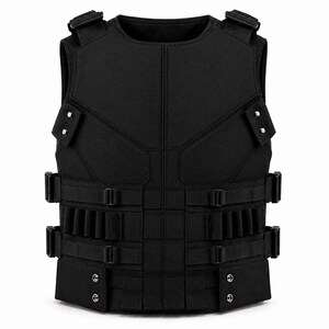 May include: Black tactical vest with multiple adjustable straps, pouches, and a hook-and-loop closure system. The vest has a padded design for added protection and comfort. The vest is made of a durable, heavy-duty material.