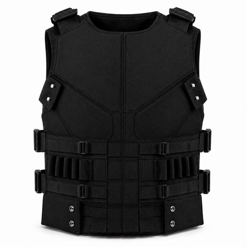 May include: Black tactical vest with multiple adjustable straps, pouches, and a hook-and-loop closure system. The vest has a padded design for added protection and comfort. The vest is made of a durable, heavy-duty material.
