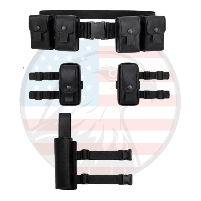 May include: A black tactical belt with multiple pouches and a buckle. The set includes a belt, two leg straps with pouches, and a holster. The pouches have a flap closure with a snap. The belt is made of a durable material.