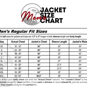 May include: A black and white jacket size chart featuring an eagle graphic and the text Jacket Size Chart. The table lists sizes from XS to 5XL with columns for Actual Chest, Jacket's Chest, Sleeve Length, and Jacket's Waist in inches.